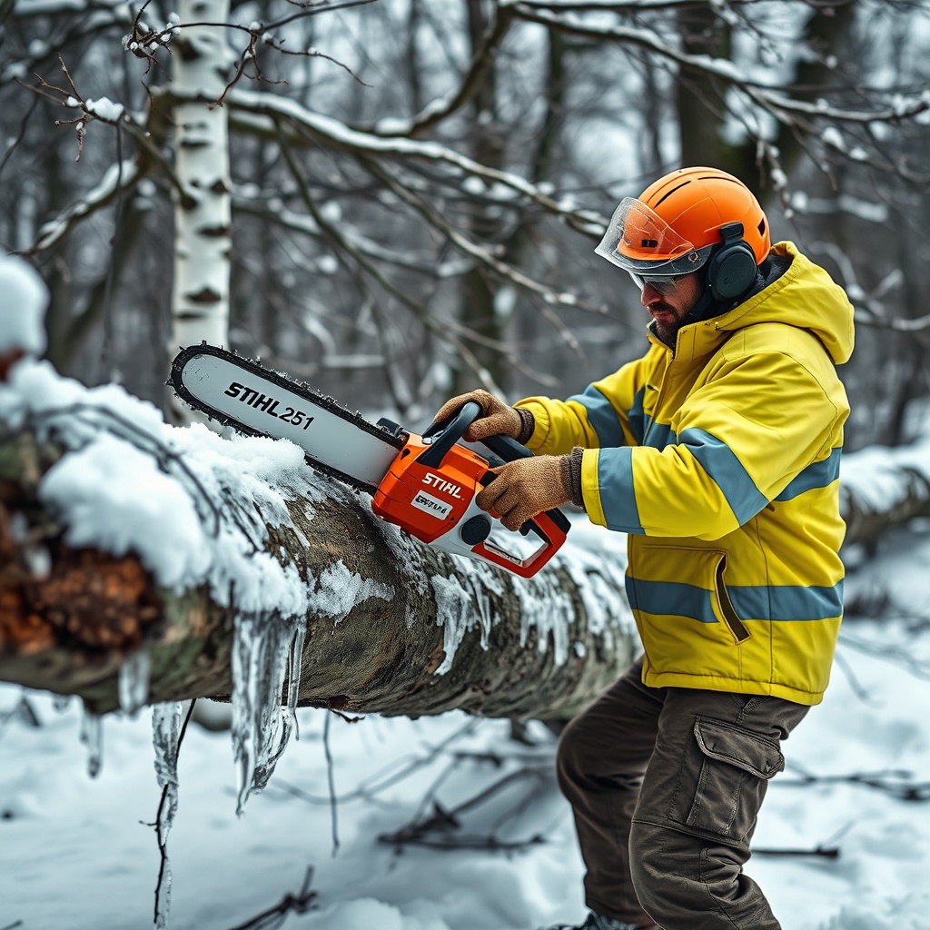 A photorealistic image of a Stihl MS 251 with a 14-inch bar cutting a large