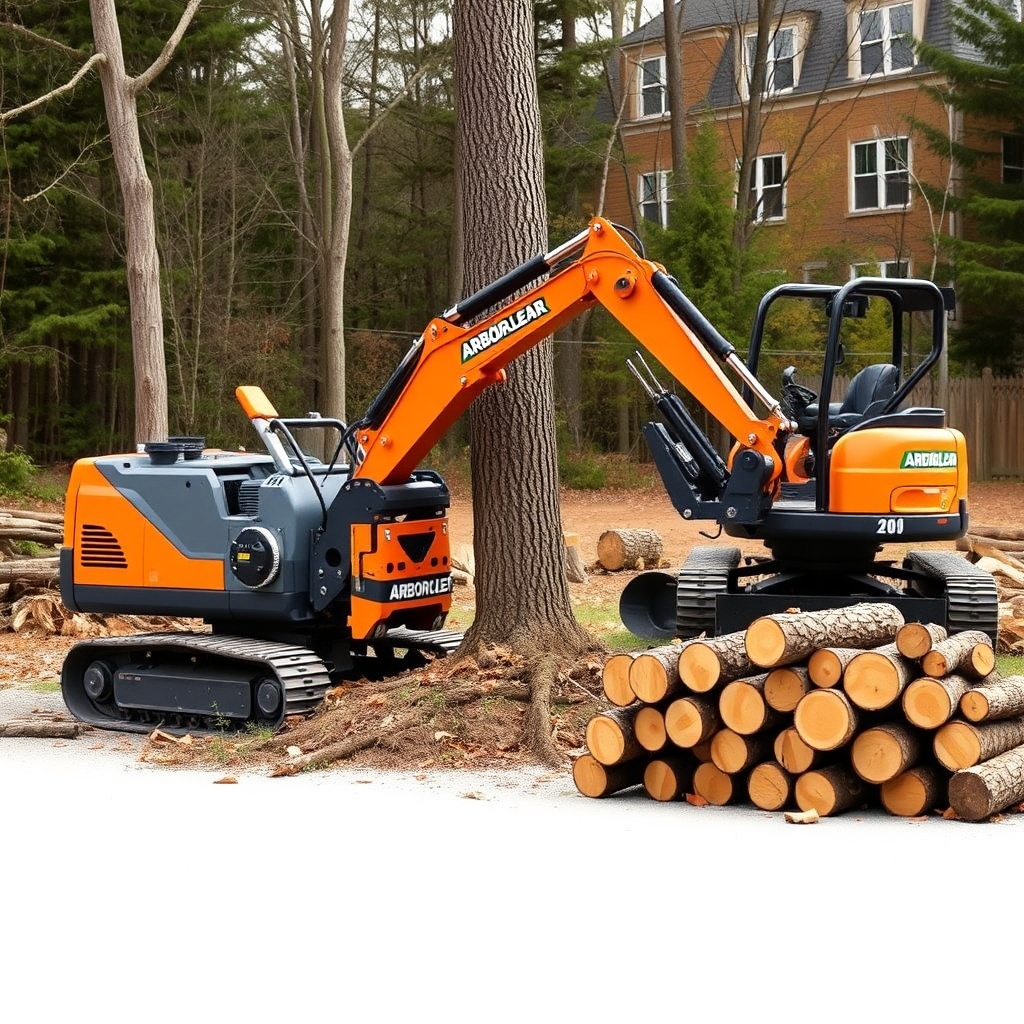 <clean photorealistic photo/illustration of a compact excavator fitted with the ArborClear