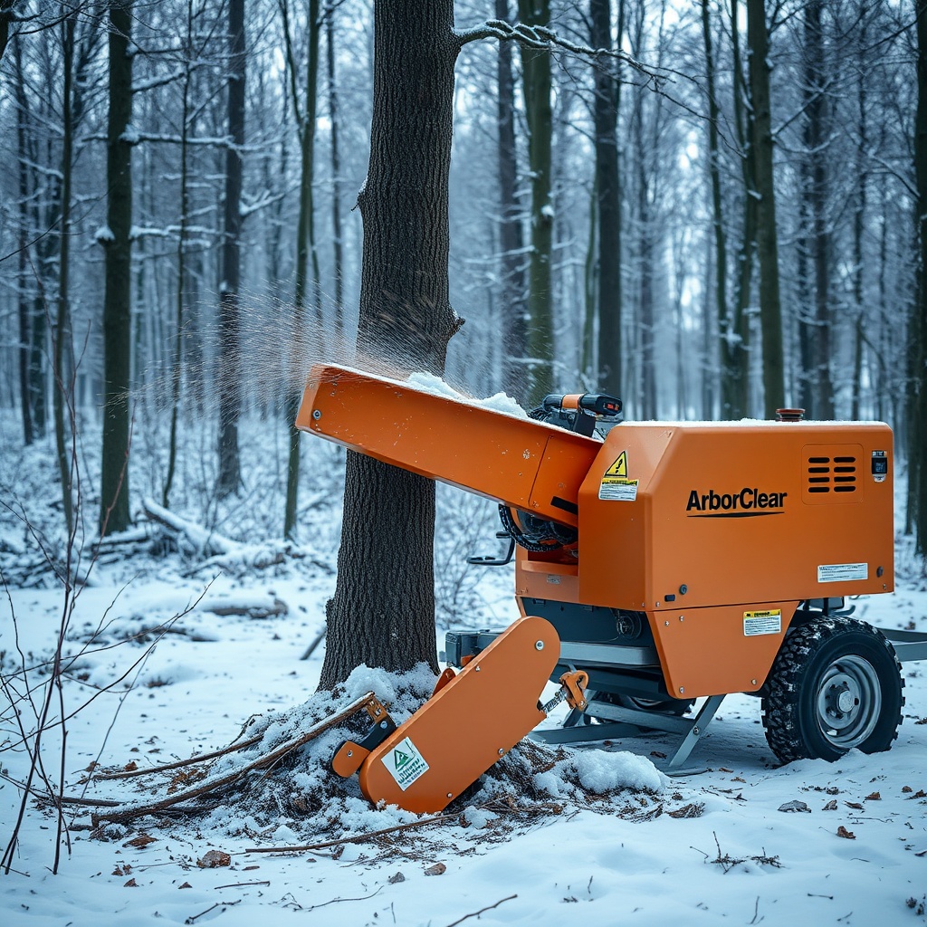 <clean photorealistic photo of an ArborClear shear cutting an ash tree in a snowy forest s