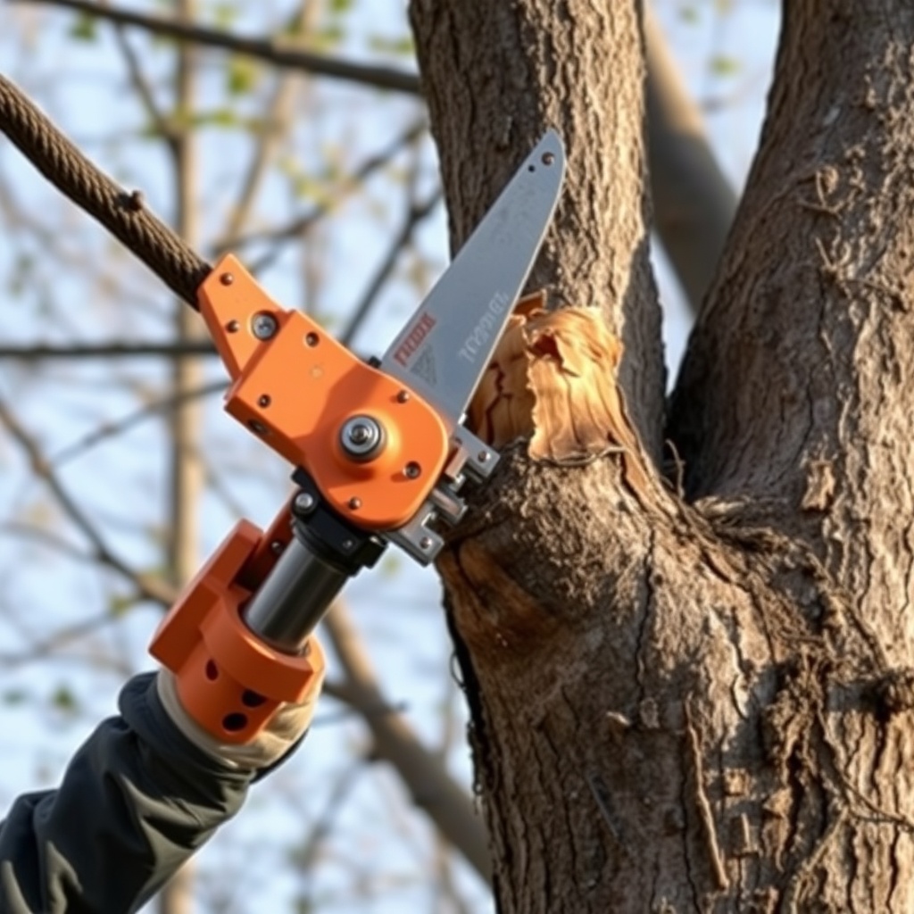 <clean photorealistic photo/illustration of an ArborClear Tree Shear Attachment cutting an
