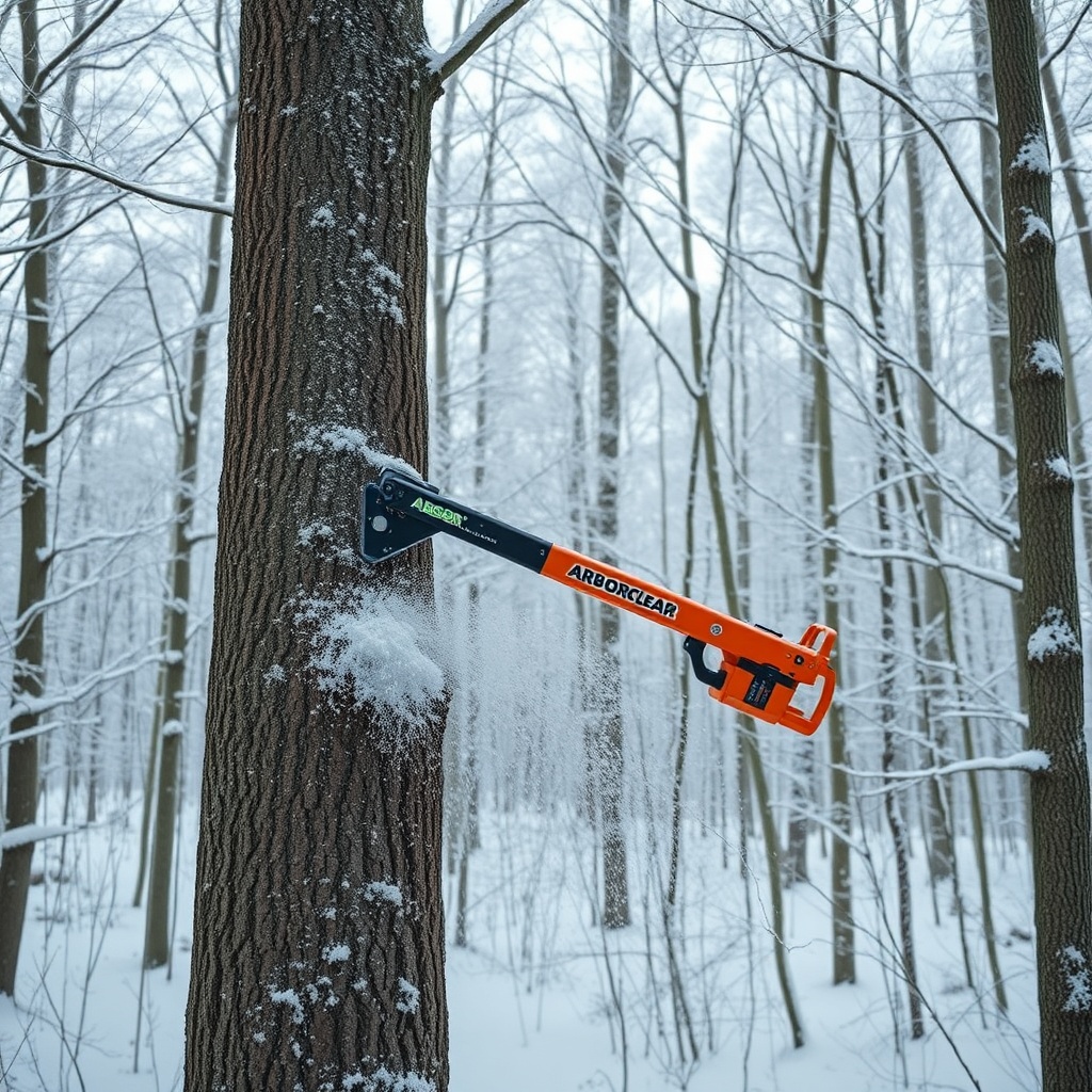 <clean photorealistic photo/illustration of ArborClear Tree Shear Attachment removing an i