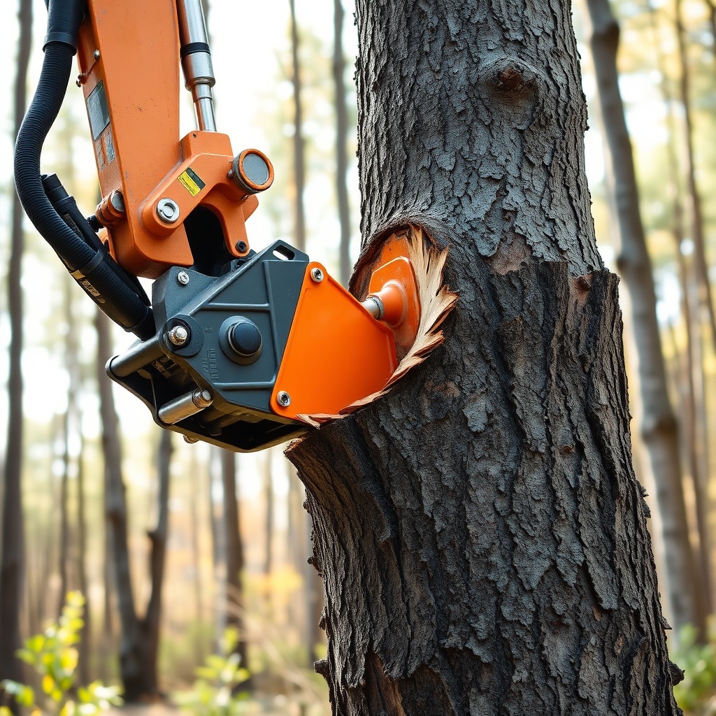 A photorealistic close-up of an excavator-mounted ArborClear Tree Shear Attachment cutting