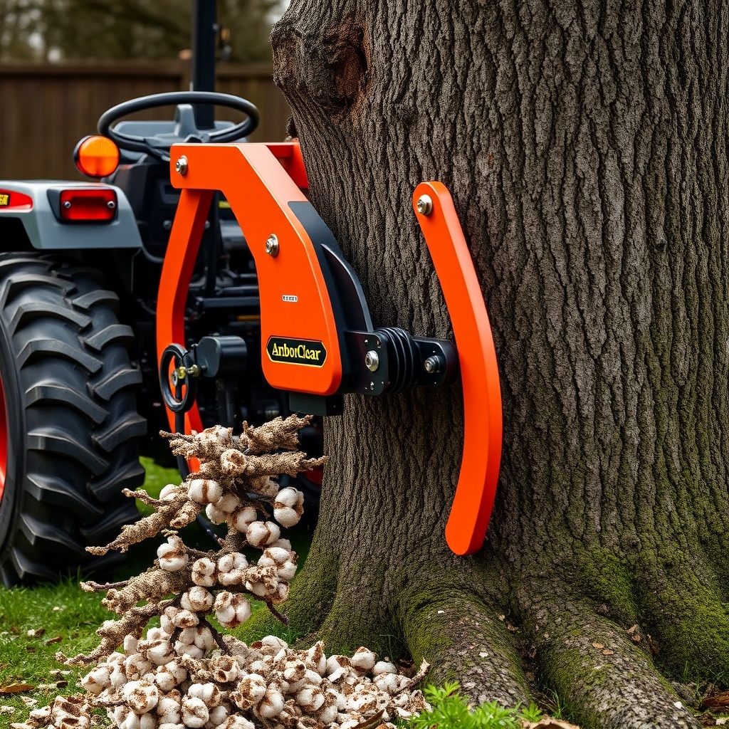 A clean photorealistic photo of an ArborClear Tree Shear Attachment mounted on a compact t