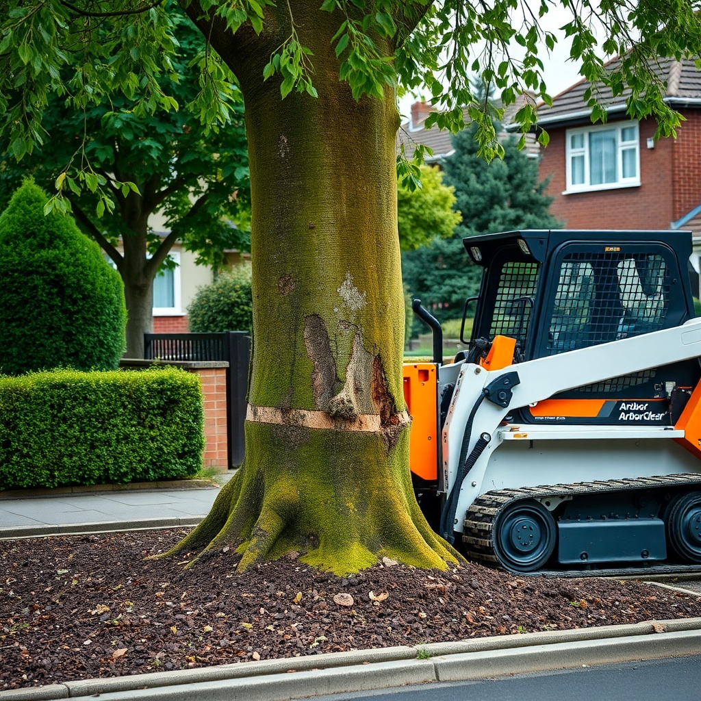 A compact tracked skid-steer fitted with an ArborClear tree shear attachment cleanly sever
