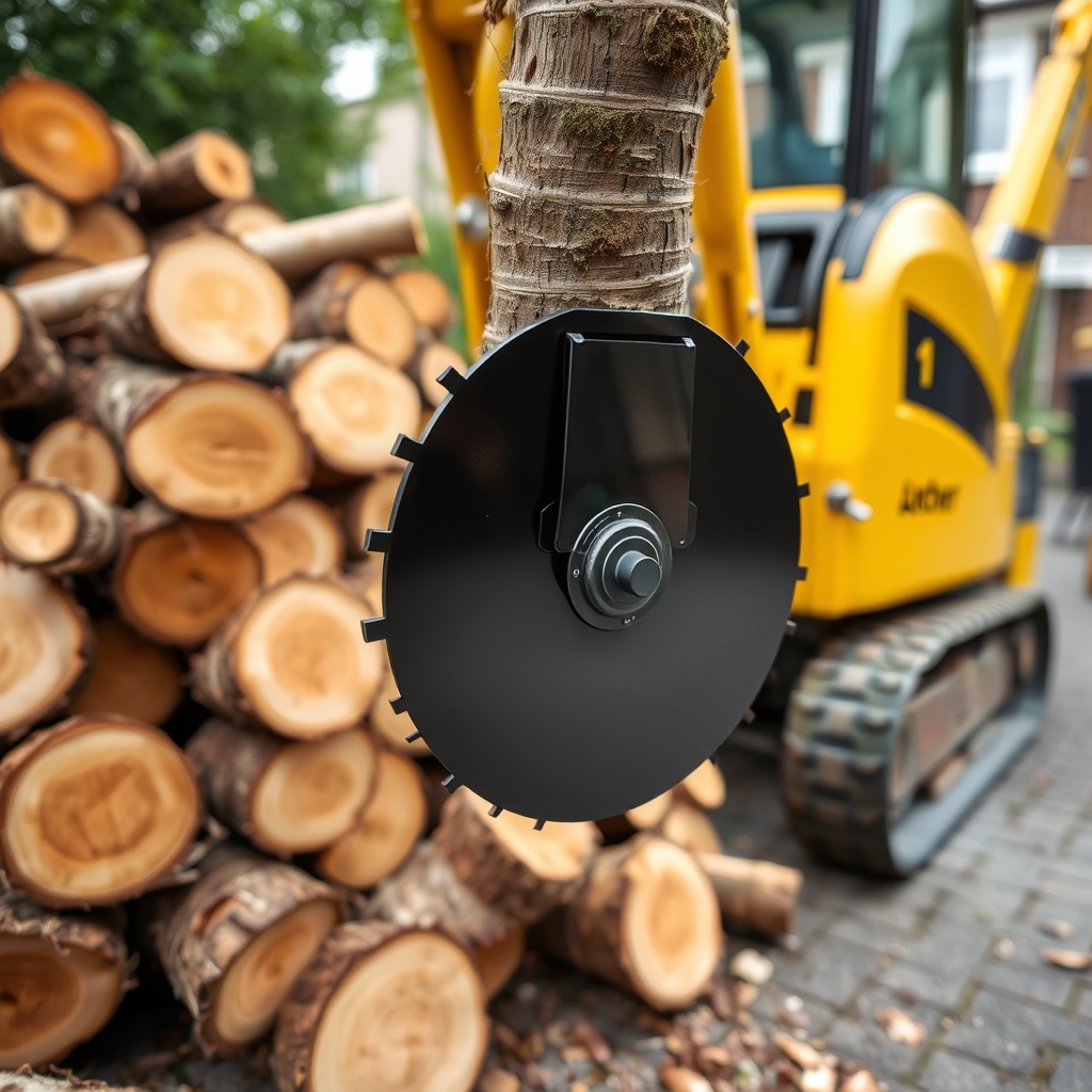 A close-up photo of an ArborClear tree shear attachment blade clamping around the base of