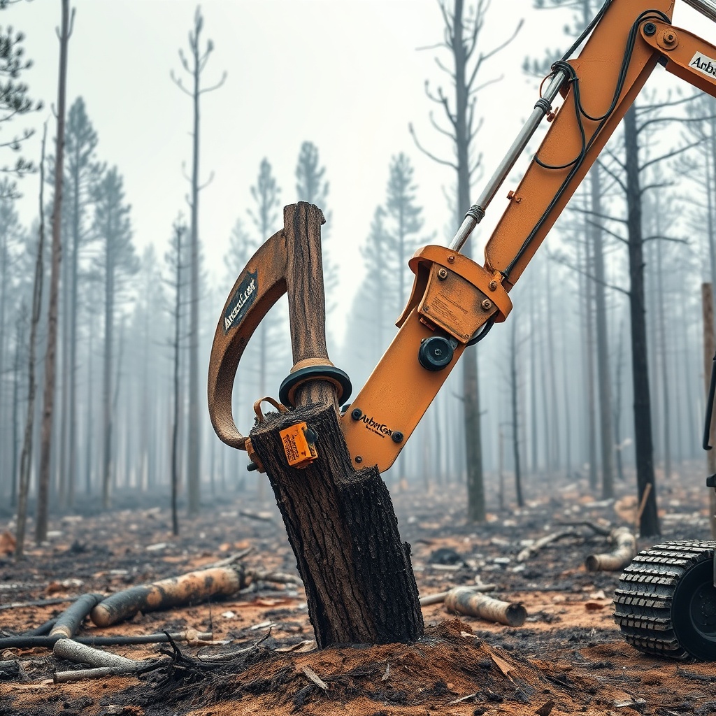 A clean photorealistic photo of an ArborClear Tree Shear Attachment mounted on an excavato