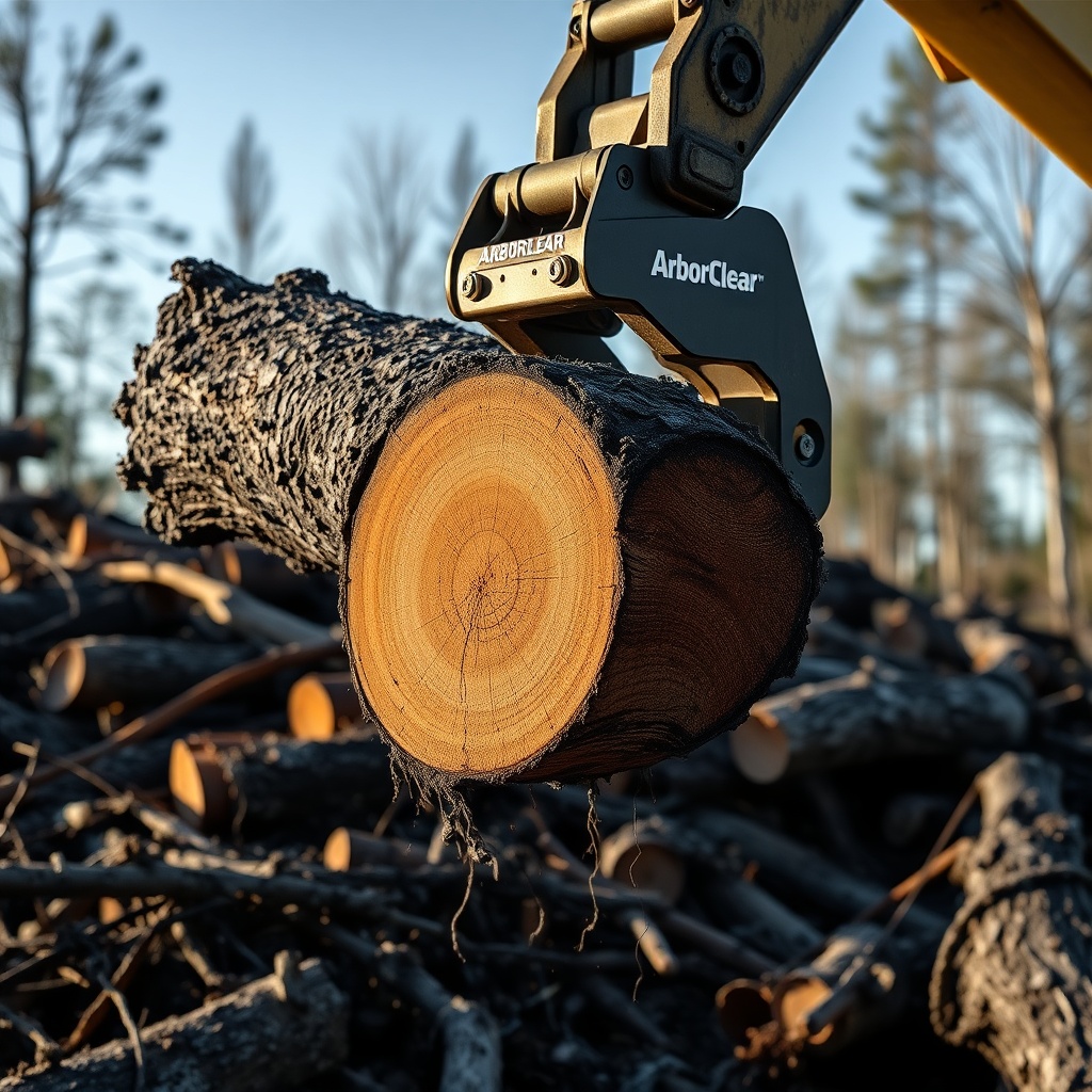 A clean photorealistic photo of an ArborClear Tree Shear Attachment gripping a partially c