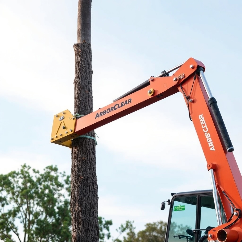 A photorealistic photo of an ArborClear Tree Shear Attachment mounted on an excavator