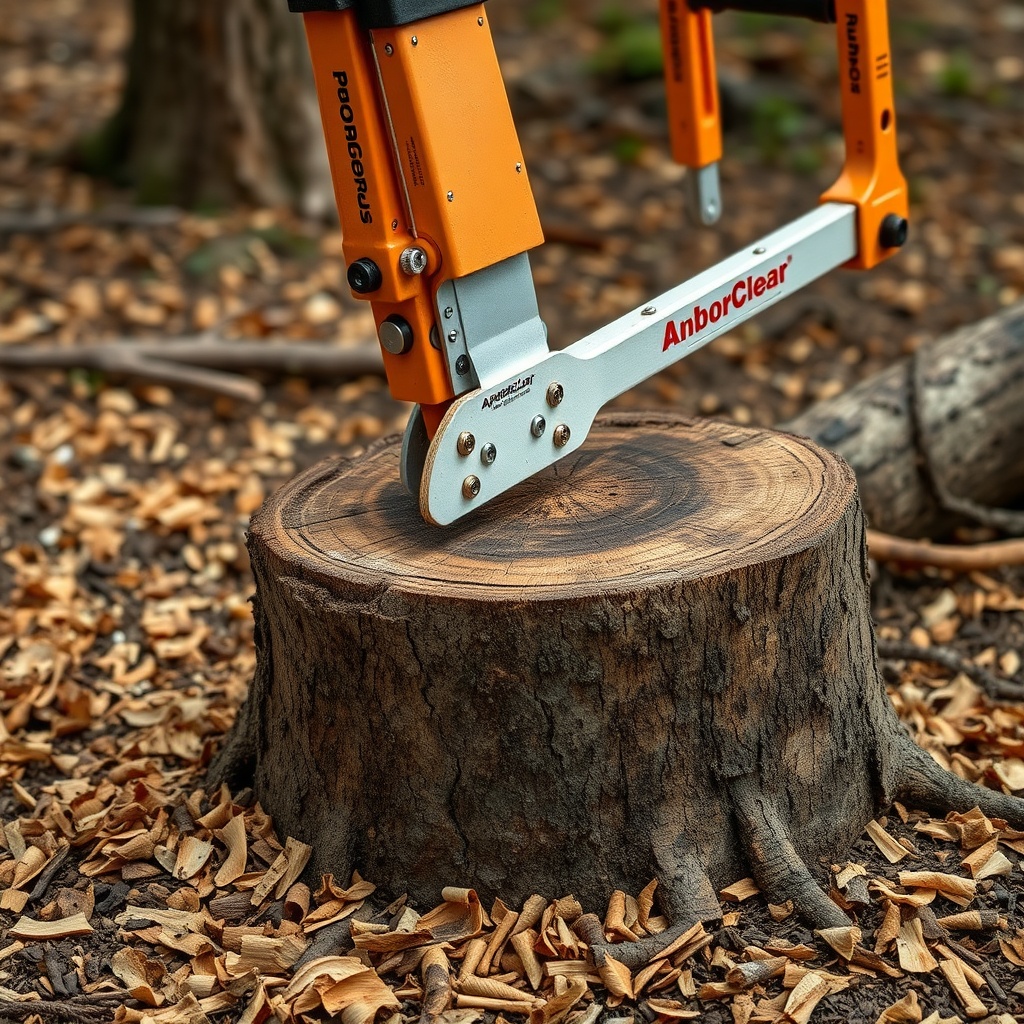 A photorealistic photo of an ArborClear Tree Shear Attachment making a clean horizontal cu