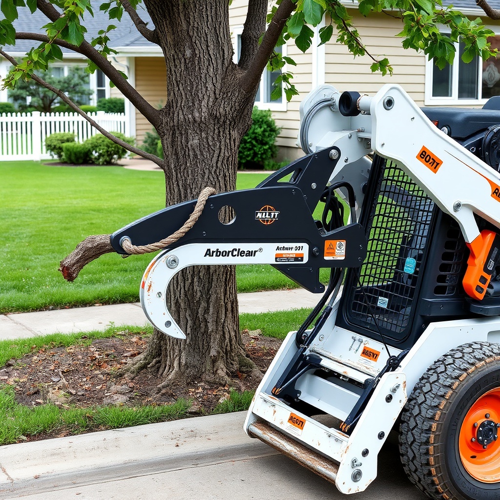 <clean photorealistic photo/illustration of an ArborClear Tree Shear Attachment mounted on