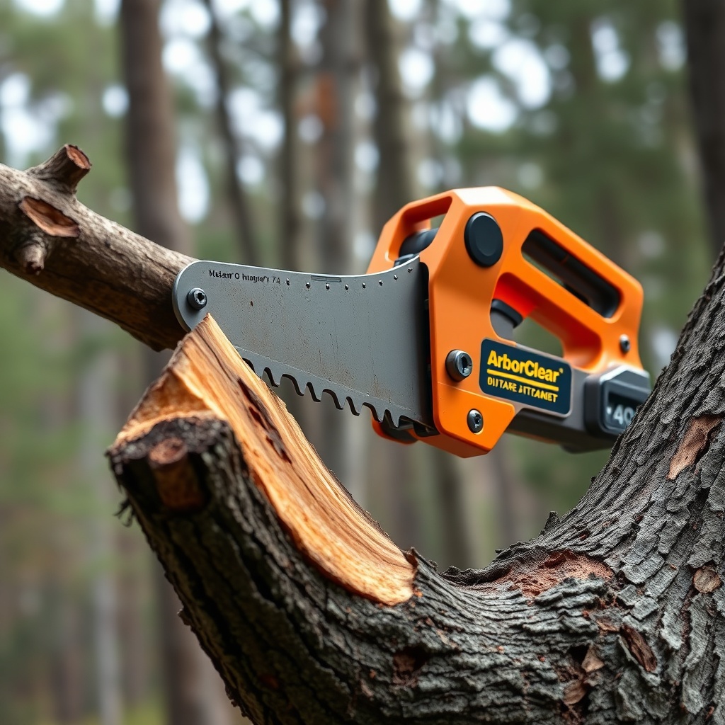 <clean photorealistic photo/illustration of the ArborClear Tree Shear Attachment cutting a