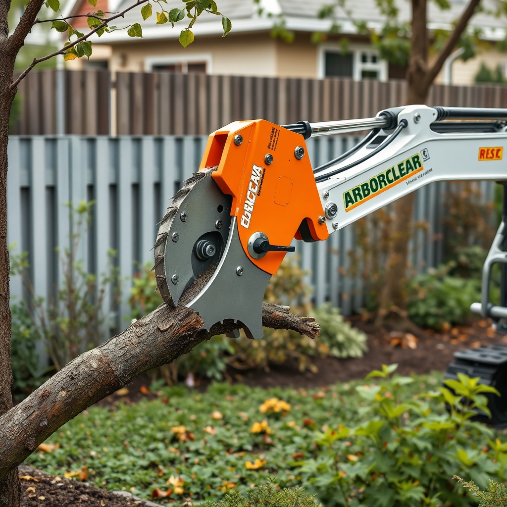 <clean photorealistic photo/illustration of ArborClear Tree Shear Attachment mounted on a