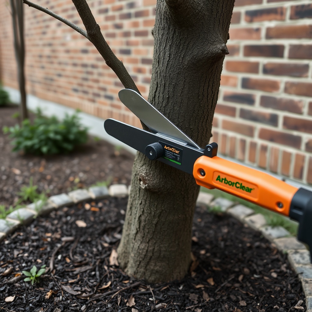 <clean photorealistic photo/illustration of a close-up ArborClear Tree Shear Attachment cu