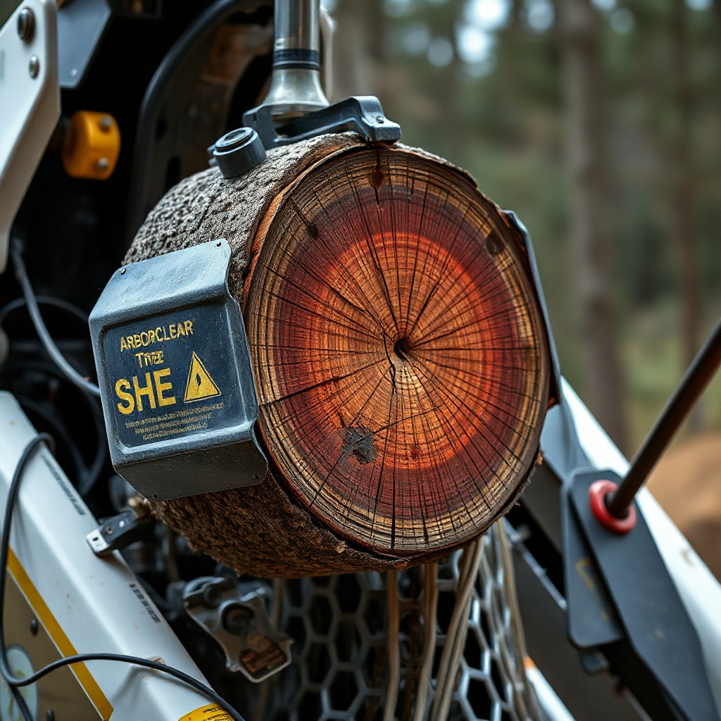 A clean photorealistic close-up of the ArborClear Tree Shear Attachment mounted on a skid