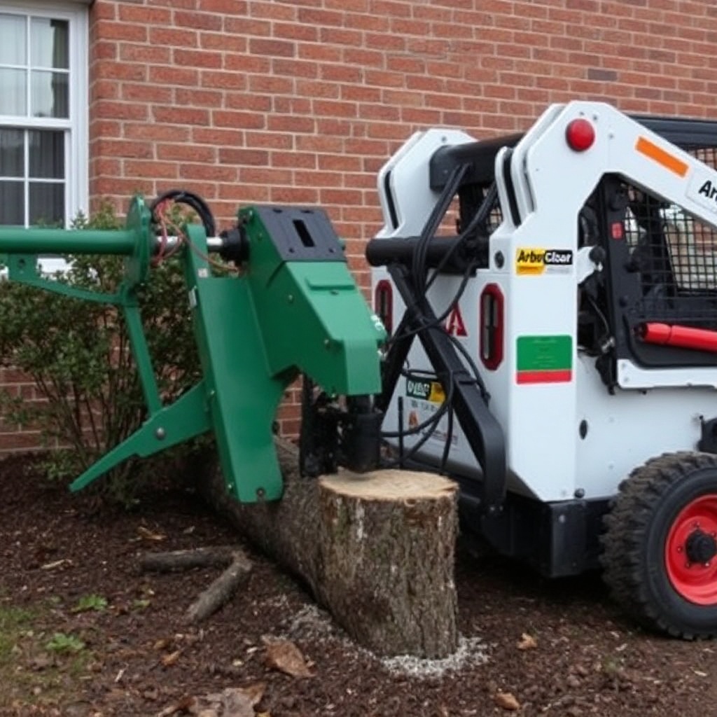 A clean photorealistic photo showing an ArborClear Tree Shear Attachment mounted on a comp