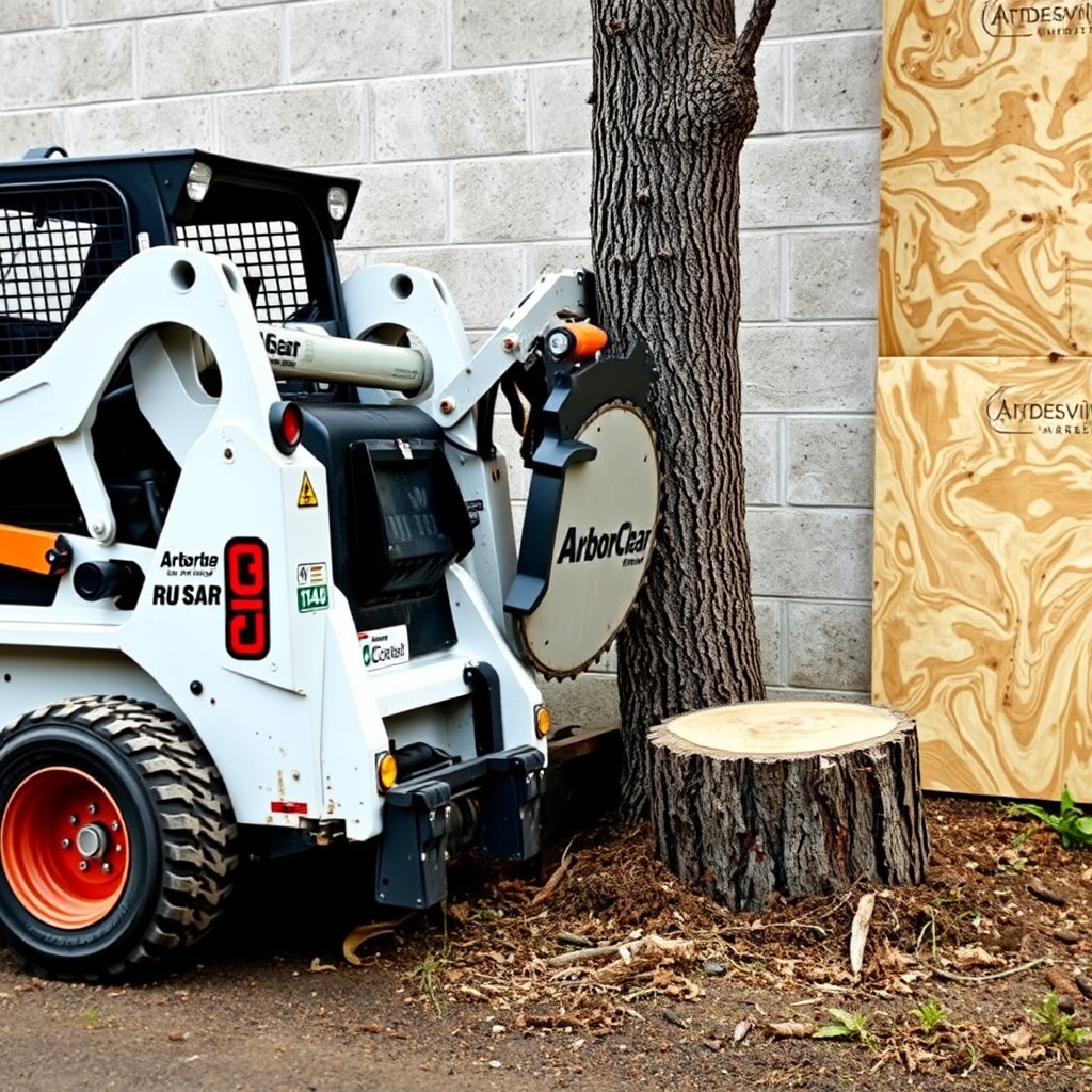 A clean photorealistic photo showing a skid-steer with ArborClear shear cutting a tree tru