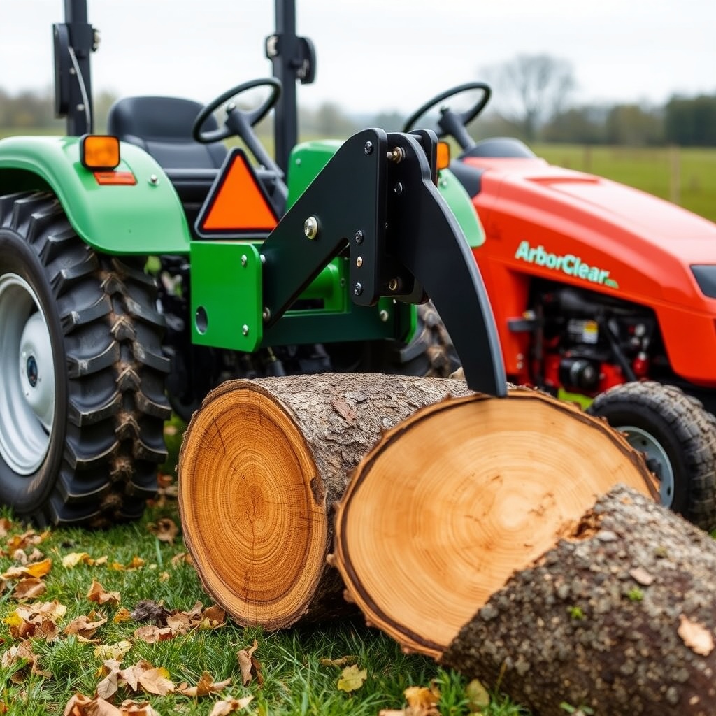 A clean photorealistic photo of an ArborClear Tree Shear Attachment mounted on a compact t