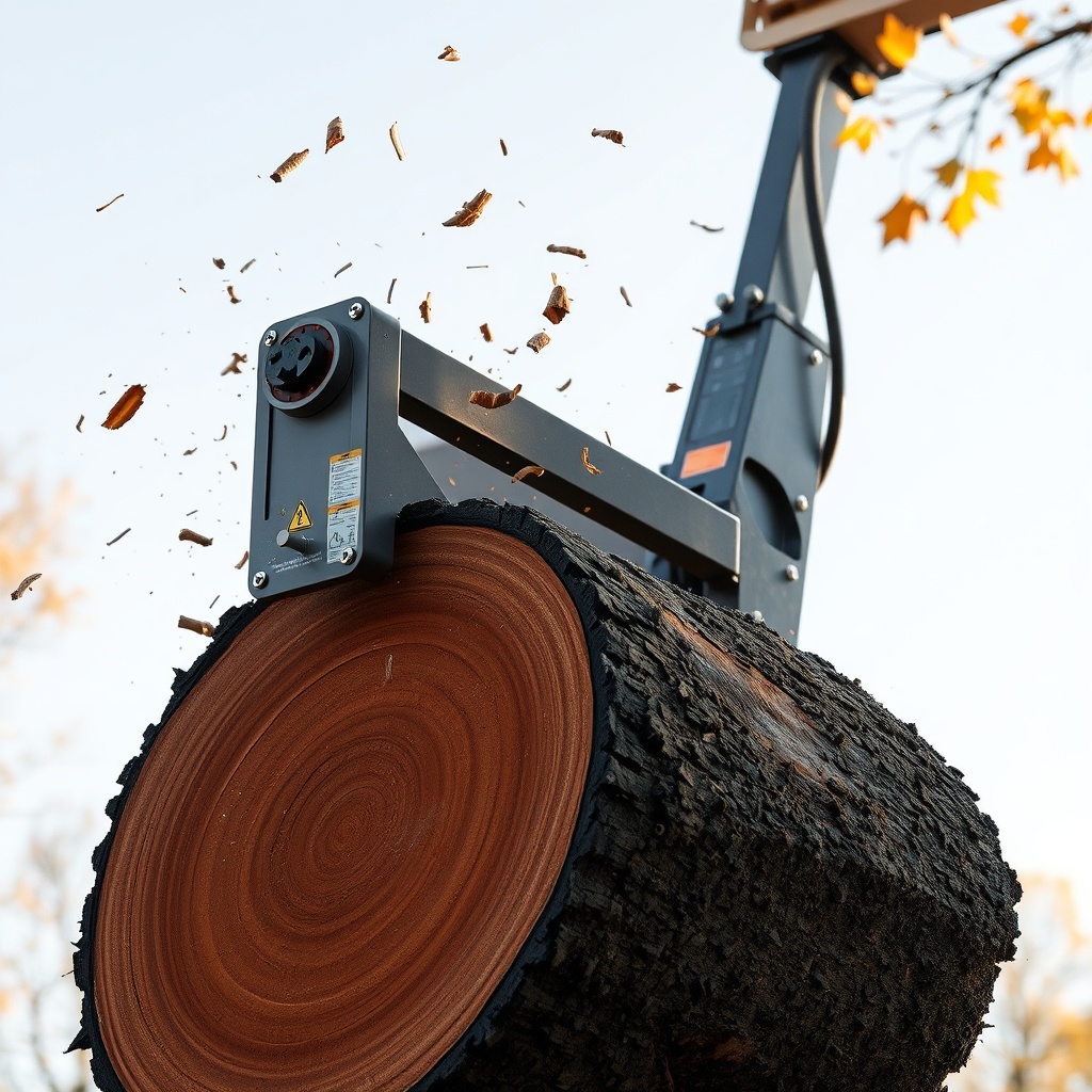 A photorealistic photo of a tree shear attachment mid-cut on a large oak log with wood chi