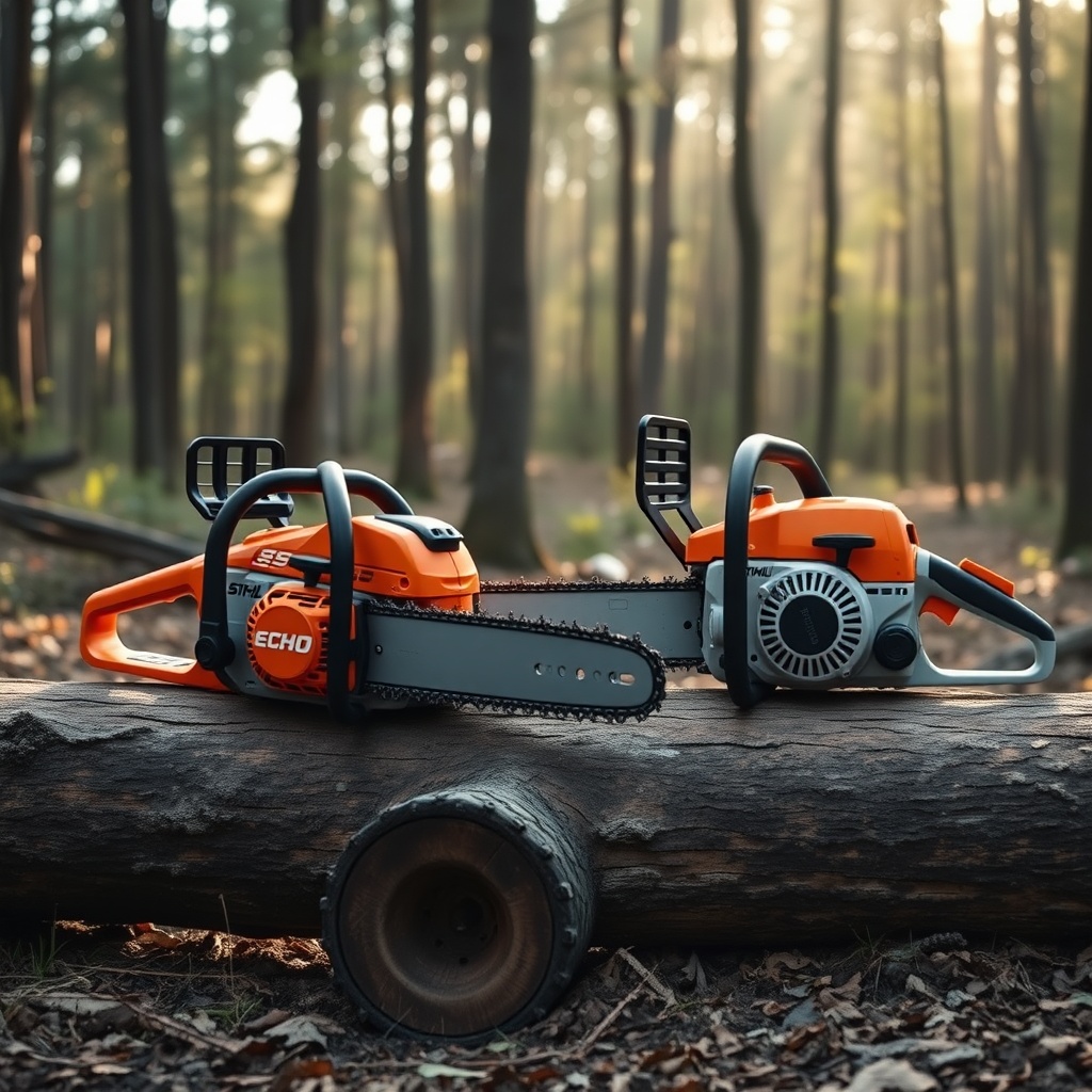 A photorealistic side-by-side comparison of the Echo CS-590 and Stihl MS 251 chainsaws res