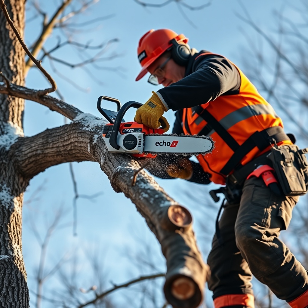 A photorealistic image of a tree removal professional cutting a large oak limb with an Ech