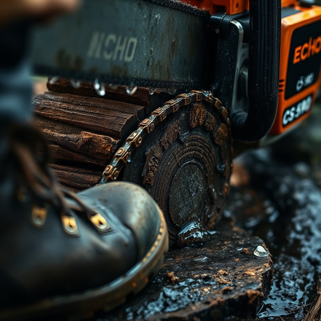 A photorealistic close-up of wet willow wood being cut by an Echo CS-590 chainsaw