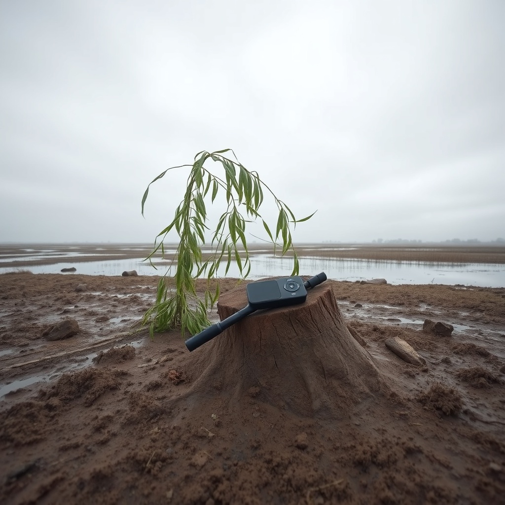 A photorealistic wide-angle shot of a muddy field after a flood