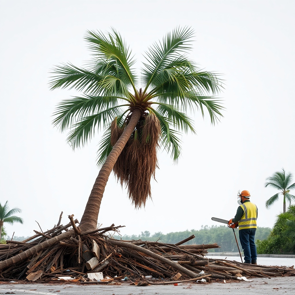 <clean photorealistic photo of a storm-damaged palm tree with a leaning trunk