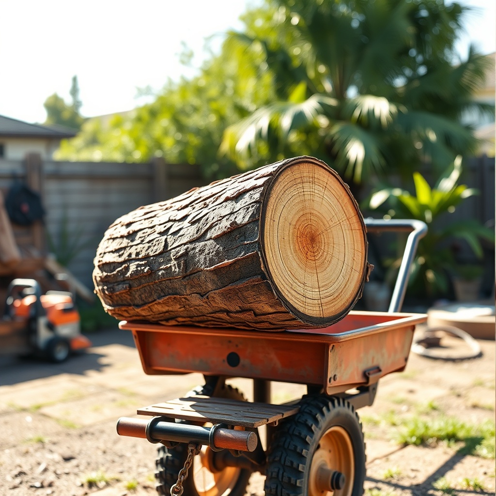 <clean photorealistic photo of a cut palm trunk section on a hand truck