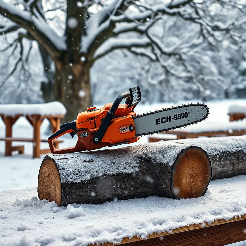A photorealistic winter scene: an Echo CS-590 chainsaw resting on a frozen oak log