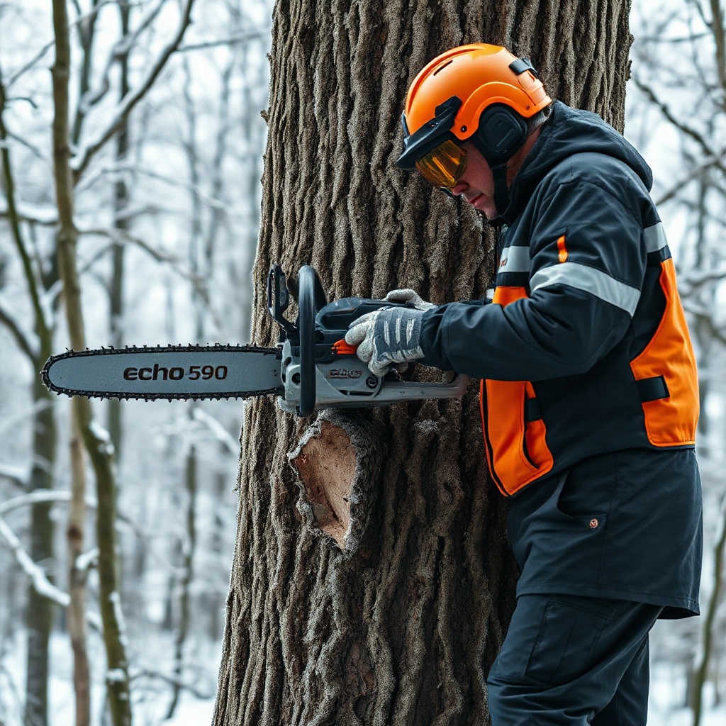 A photorealistic photo of a chainsaw operator in insulated gear