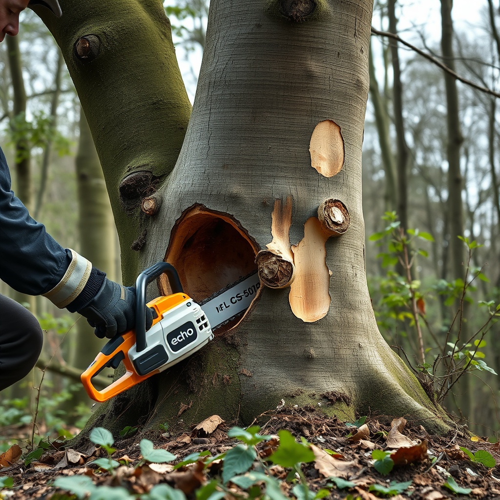 A photorealistic photo of an arborist cutting into an ash tree infected with emerald ash b