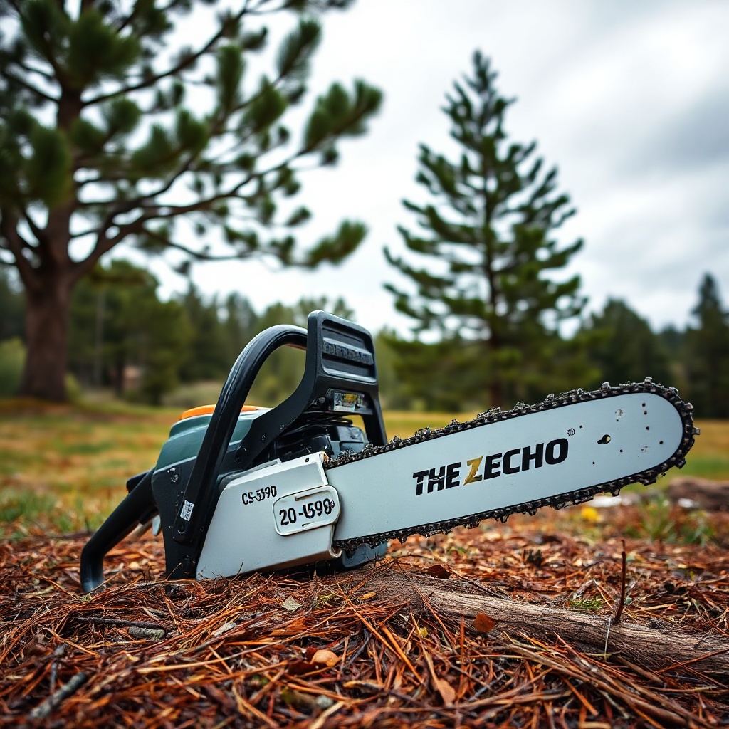 A clean photorealistic photo of a Echo CS-590 chainsaw with a 20-inch bar lying on a bed o