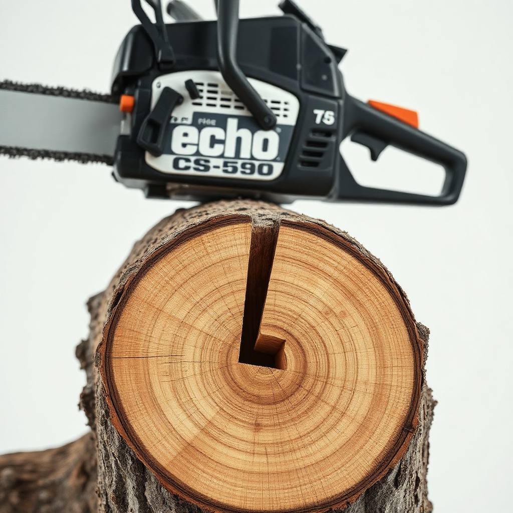 A clean photorealistic photo of a cut pine log with a Echo CS-590 chainsaw above it