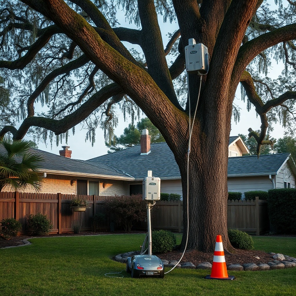 A photorealistic image of a Hass Remote Tree Climbing System attached to a tall oak tree i