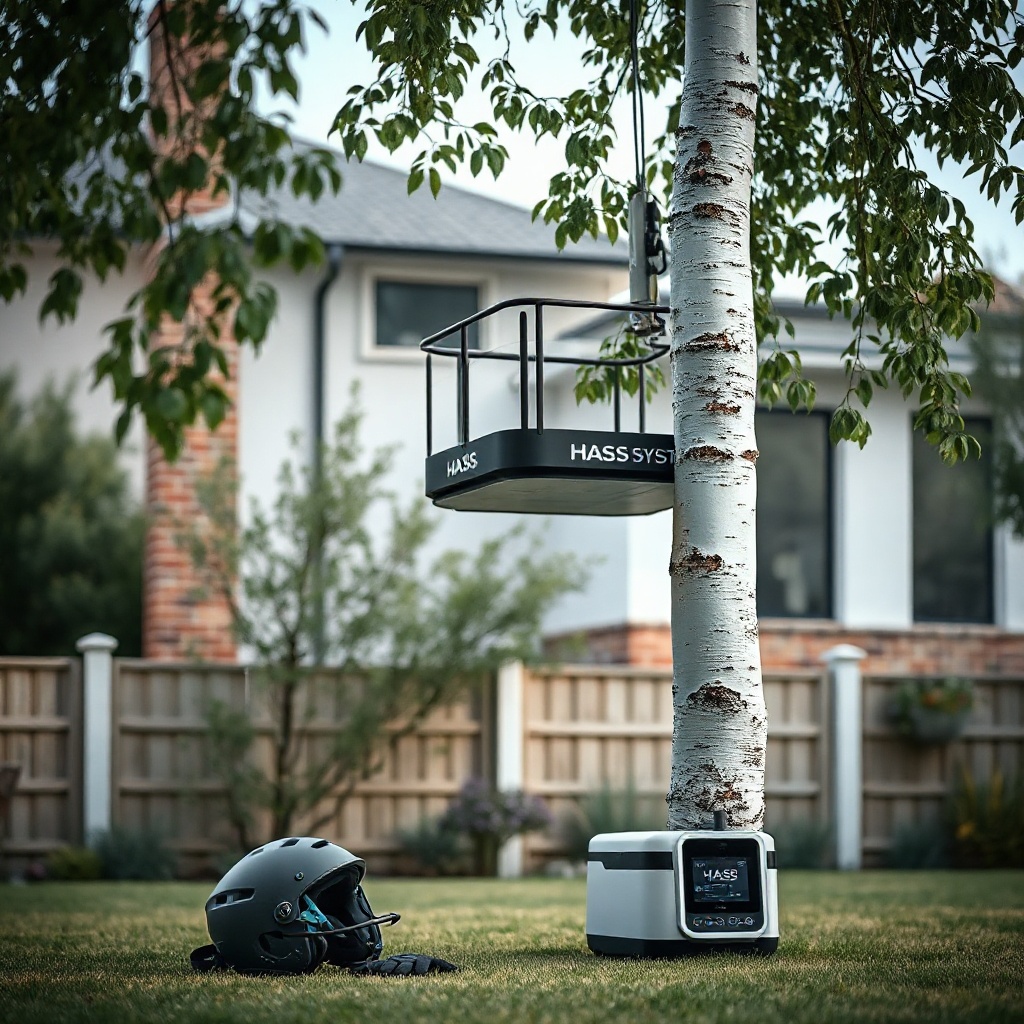 A photorealistic image showing the Hass Remote System platform ascending a slender birch t