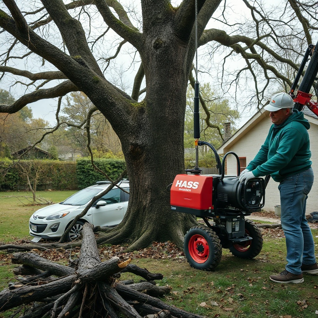 A clean photorealistic photo of a Hass Remote Tree Climbing System being operated in a sto