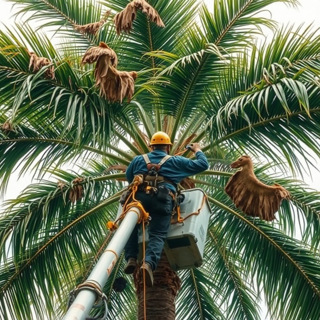 A clean photorealistic illustration of an arborist using the Hass Remote Tree Climbing Sys