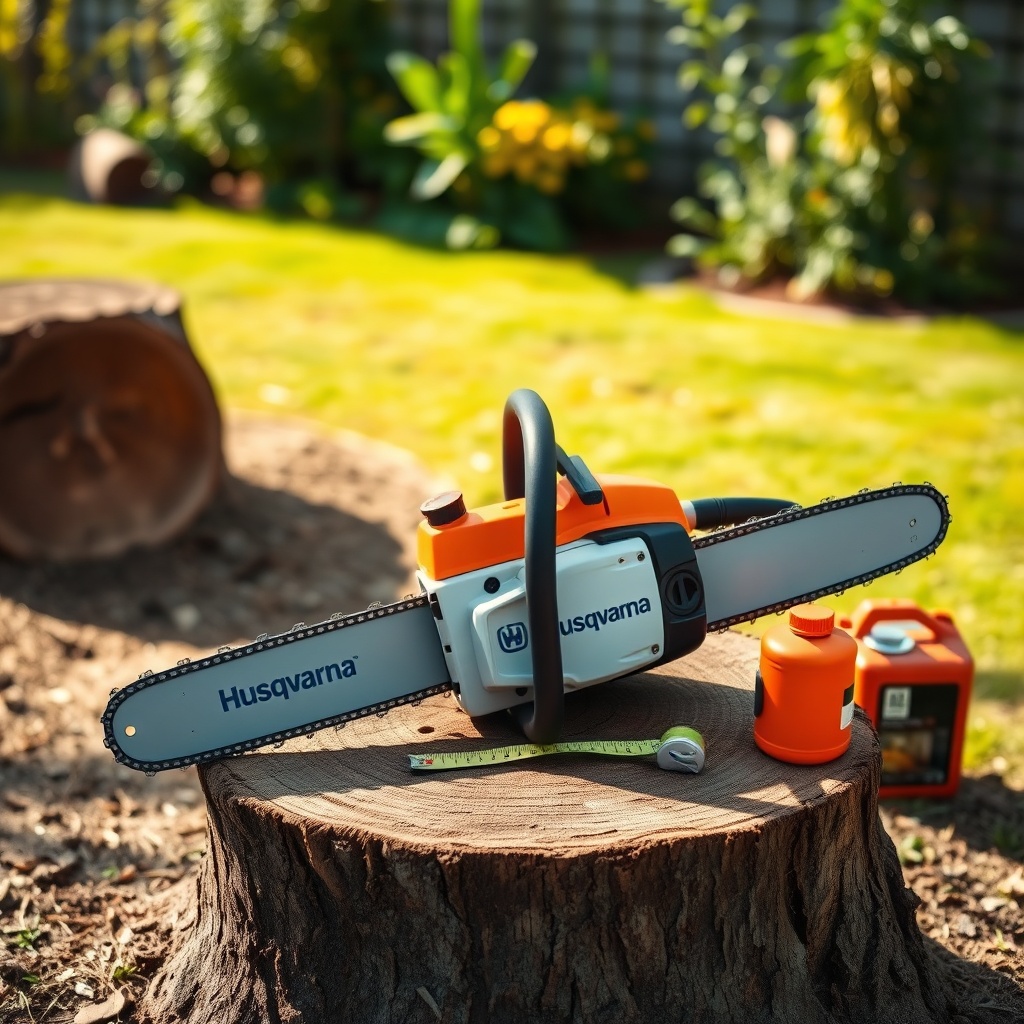 A clean photorealistic photo of a Husqvarna 450 chainsaw lying on a dry wooden stump in a