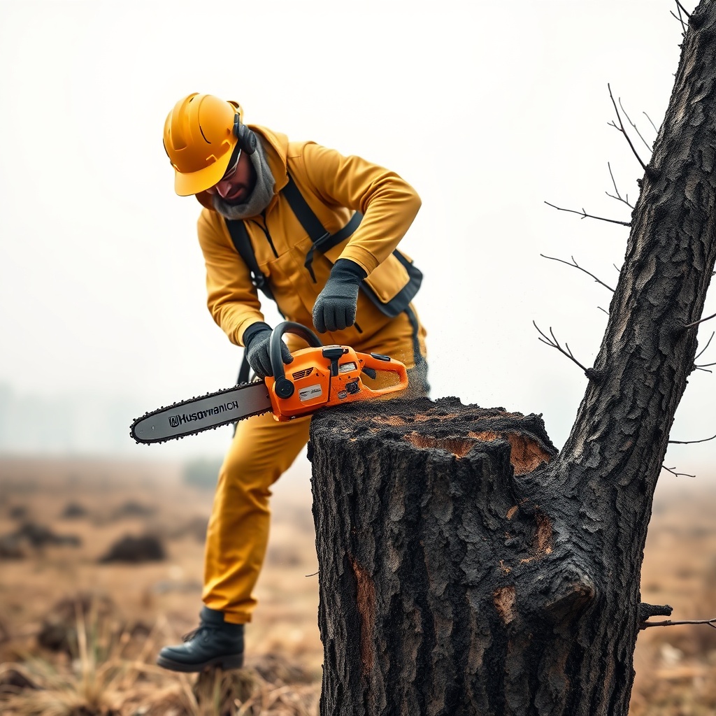 <clean photorealistic photo of a professional tree surgeon in yellow PPE using a Husqvarna
