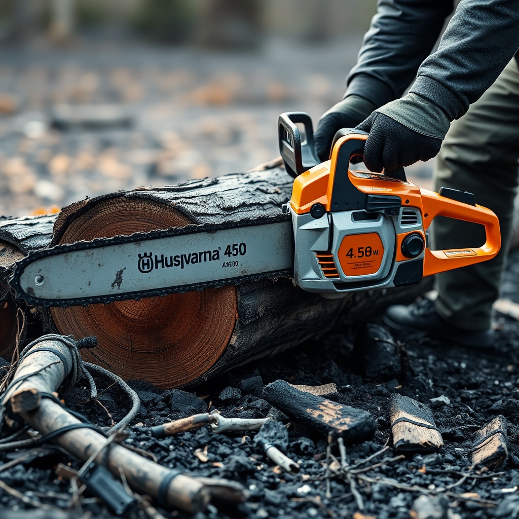 <clean photorealistic photo of a Husqvarna 450 chainsaw cutting a fallen pine log