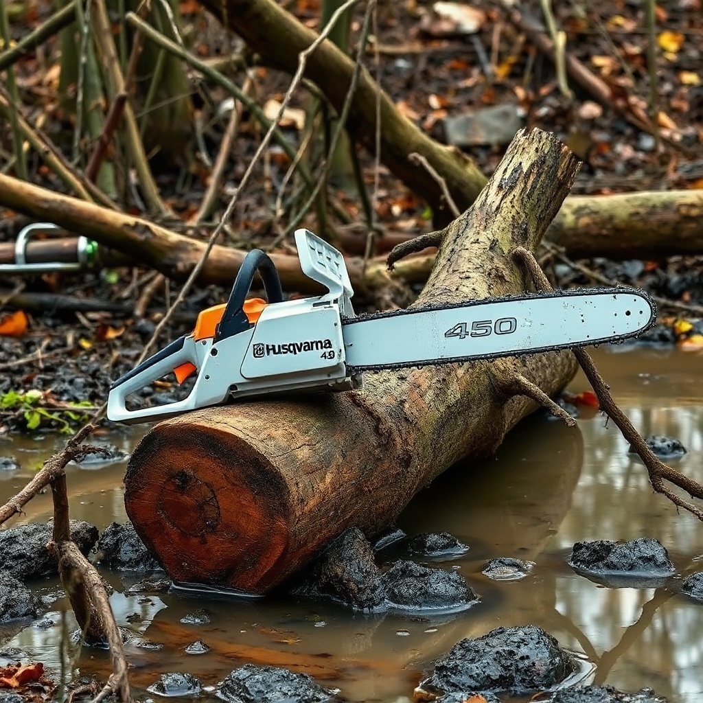 A clean photorealistic image of a Husqvarna 450 chainsaw resting on a section of freshly c