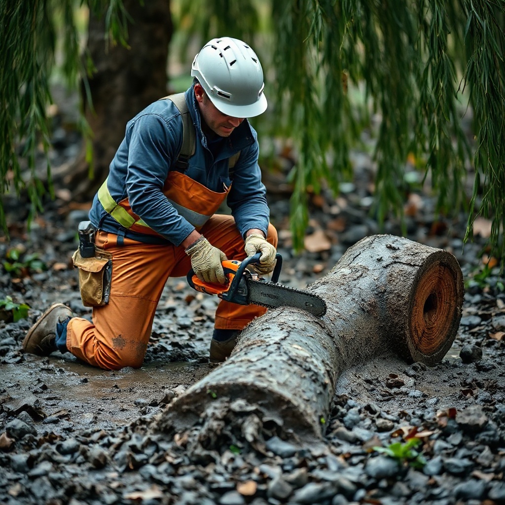 A clean photorealistic image of an arborist kneeling in mud using a Husqvarna 450 to cut a