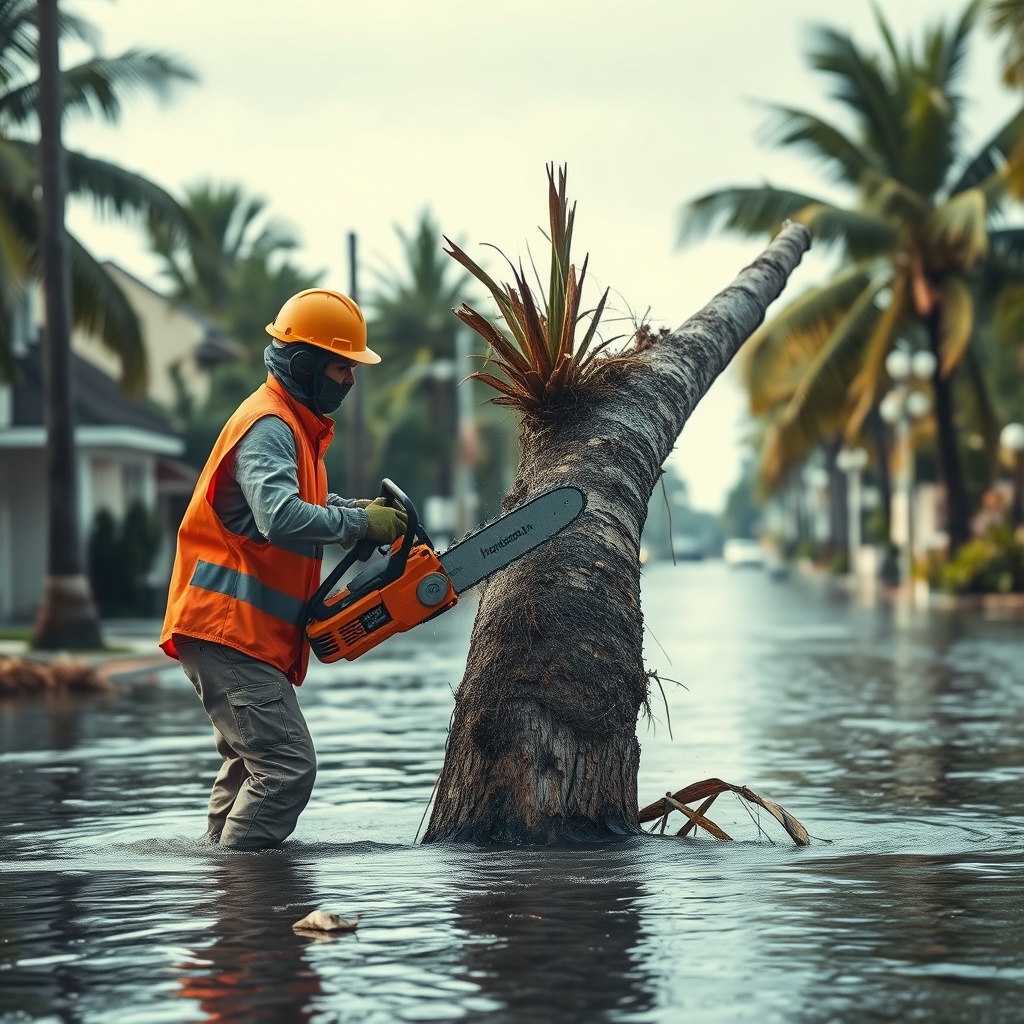 <Bleeding saw operator in yellow helmet and orange vest making a plunge cut on a leaning p