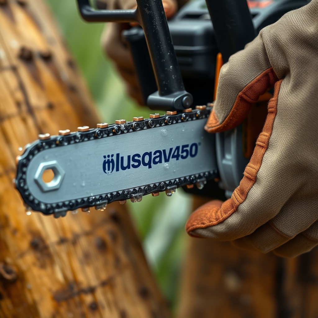 <Close-up of a Husqvarna 450 chain and bar embedded in a wet palm trunk with water droplet