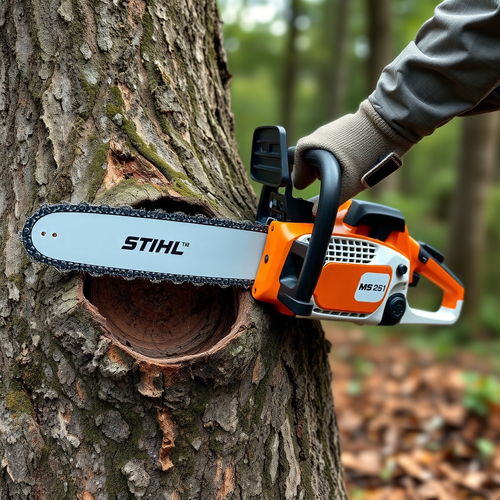 <clean photorealistic photo of a Stihl MS 251 chainsaw cutting through an ash tree trunk w