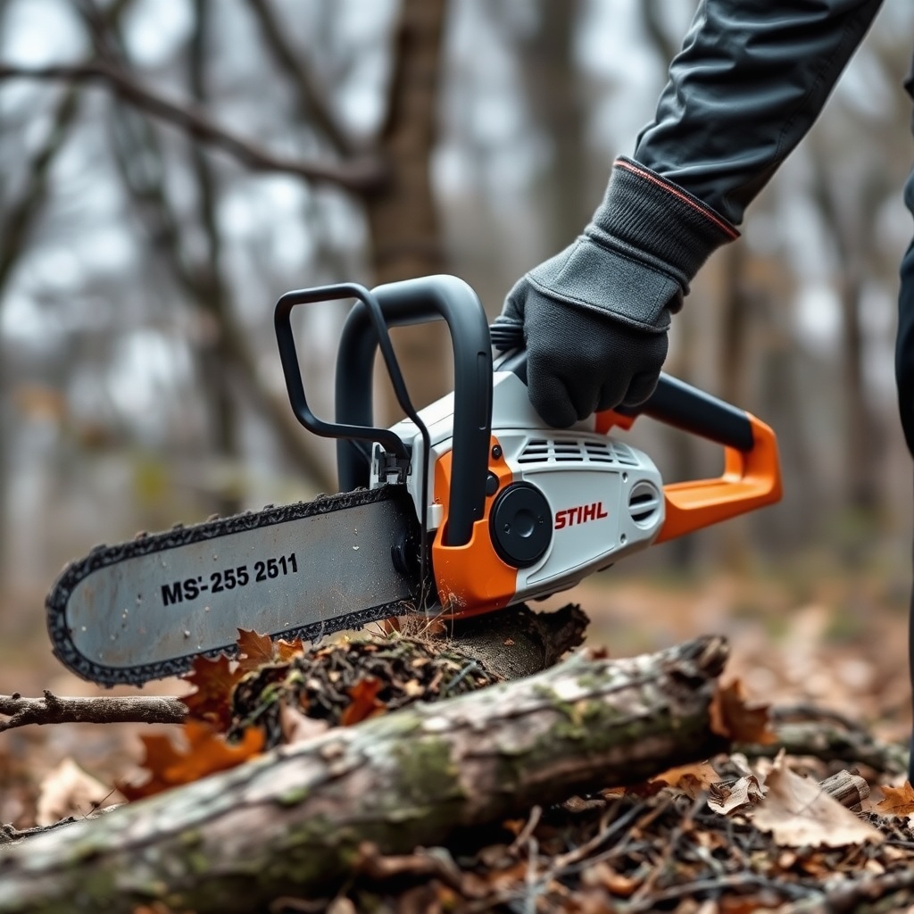 <clean photorealistic photo of a Stihl MS 251 cutting ash tree limbs on the ground