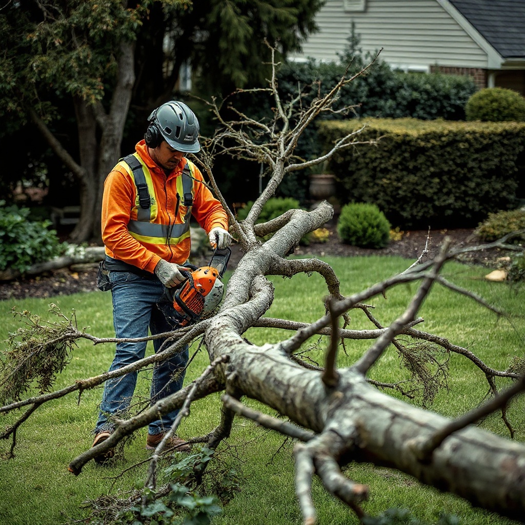 A photorealistic photo of a homeowner in full safety gear using a Stihl MS 251 to cut a la