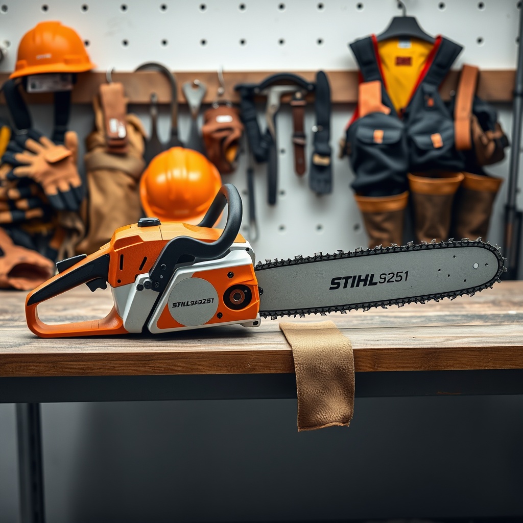 A photorealistic photo of a Stihl MS 251 chainsaw laid on a workbench beside a full set of