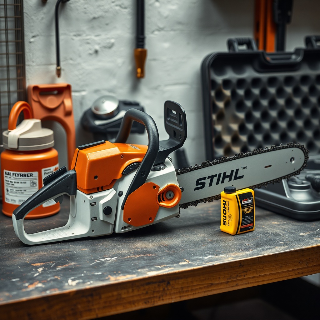 A clean photorealistic photo of a Stihl MS 251 chainsaw placed on a workbench next to a fu