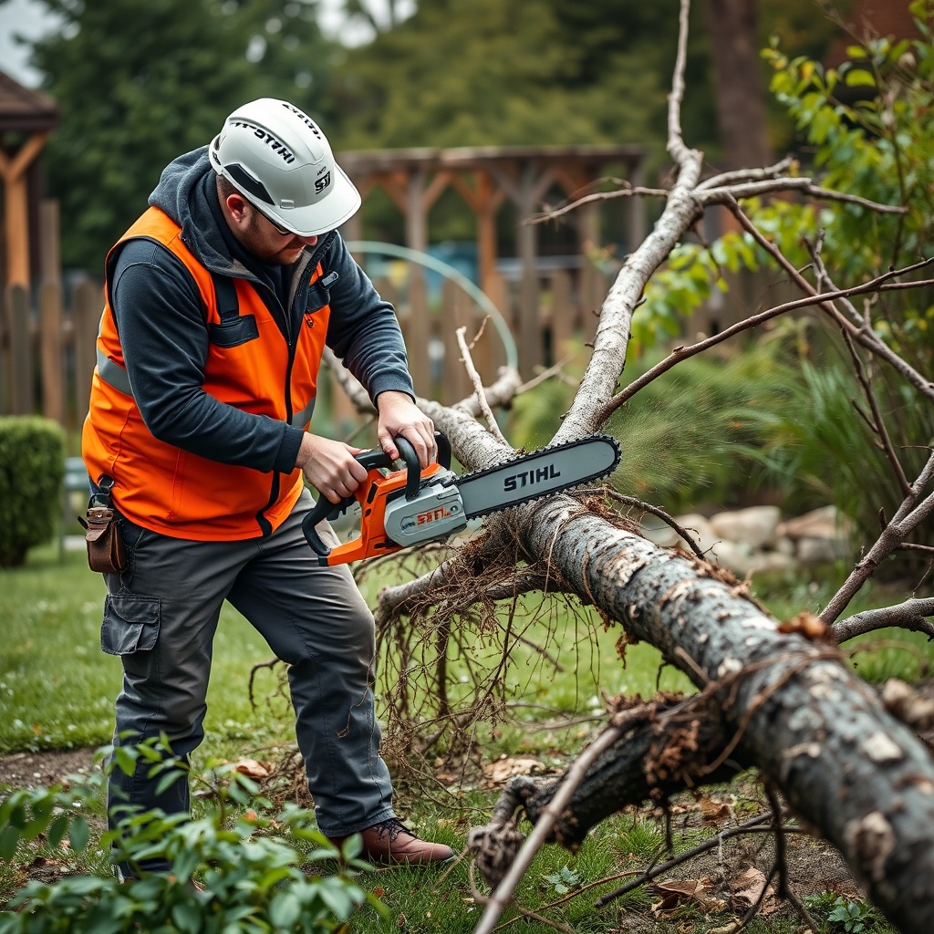 A clean photorealistic photo of a homeowner in safety gear using a Stihl MS 251 to cut a b